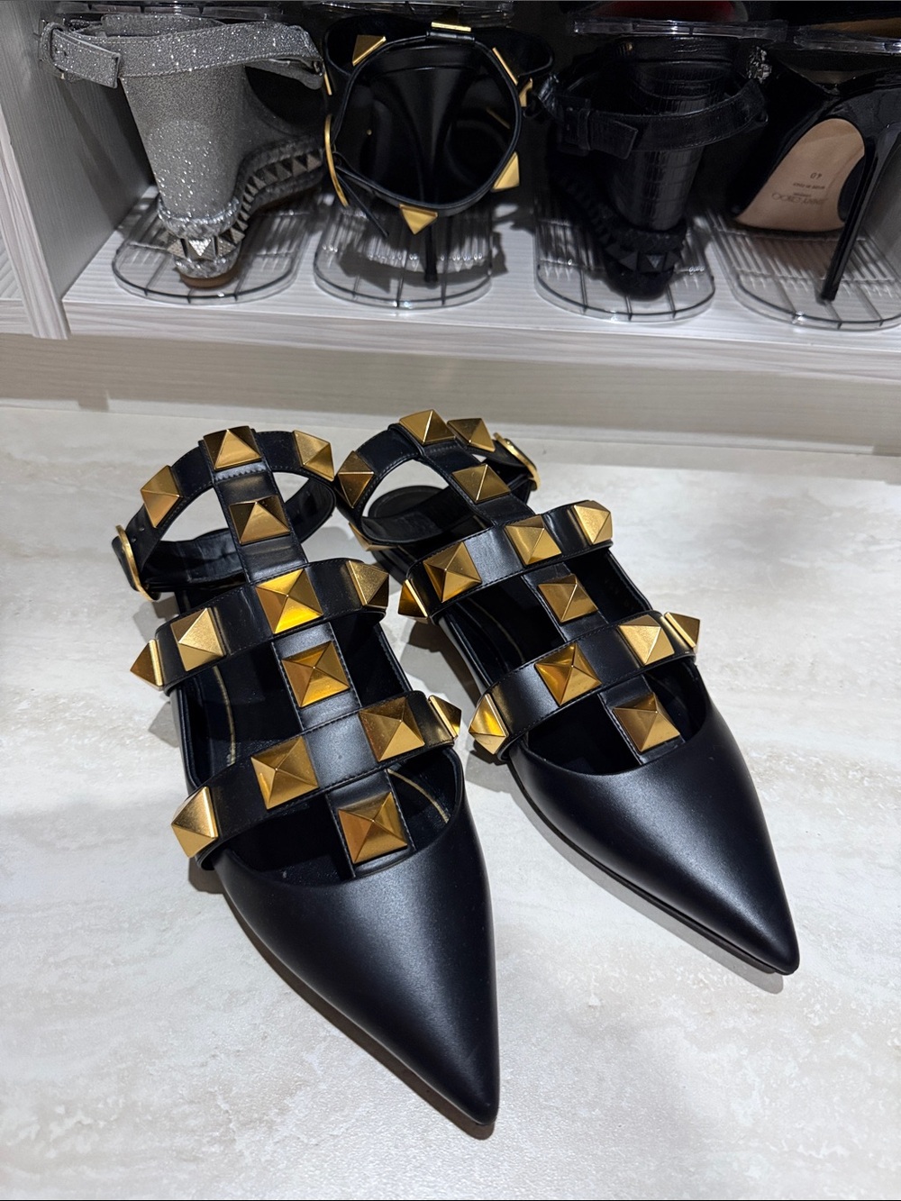 Valentino Garavani Black Leather Pointed Flats with Gold Pyramid Studs